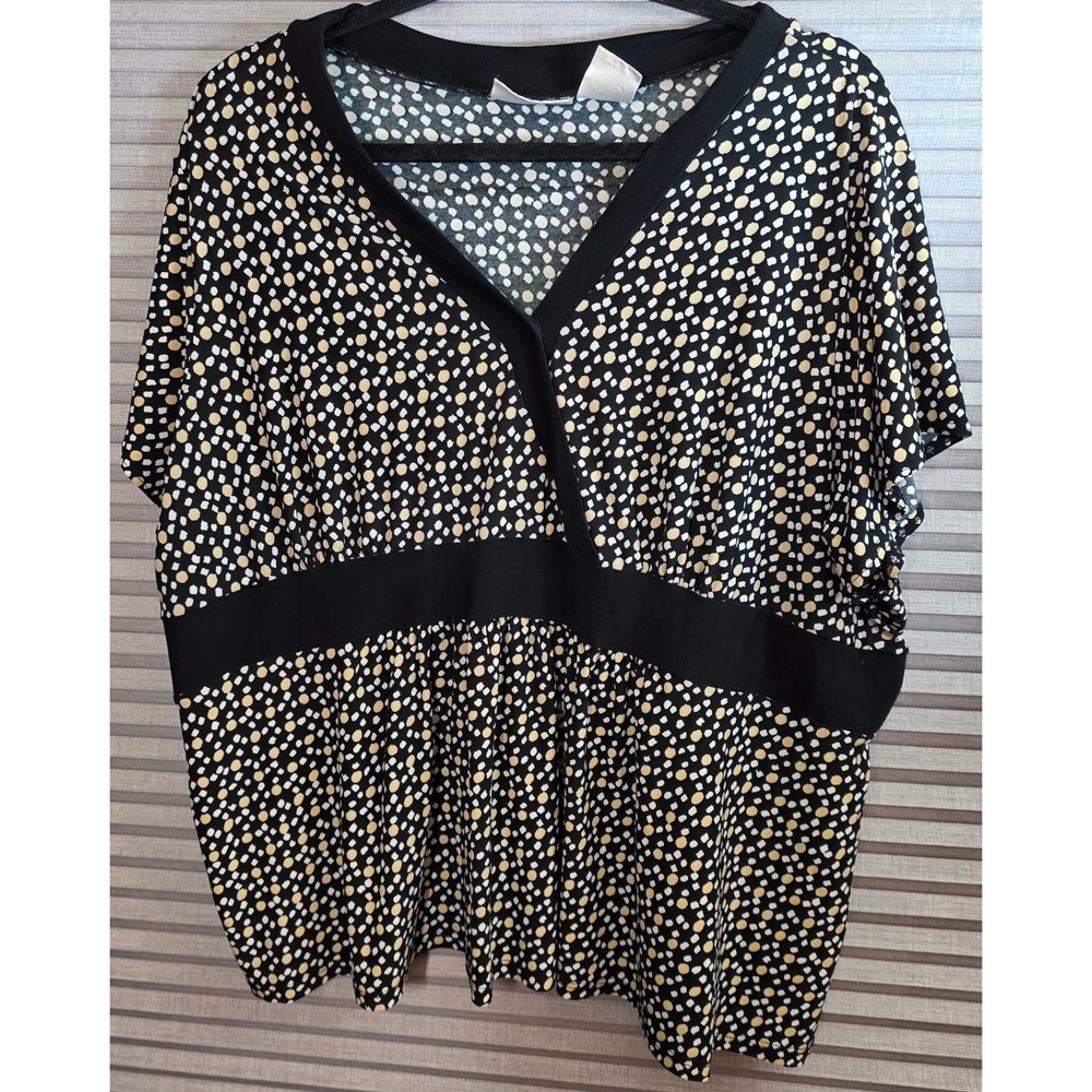 Worthington Blouse Plus Size 3X Black Polka Dot V-Neck Empire Waist Stretch Top